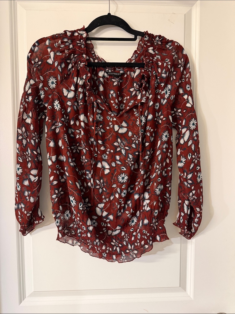 Express Burgundy Floral Ruffle Tie-Neck Blouse